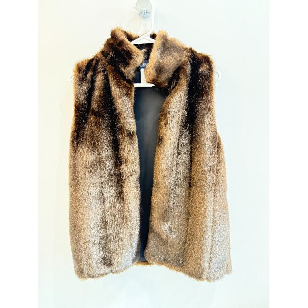 Jones New York Brown Faux Fur Vest Petite PS Sleeveless Winter Layering Cozy